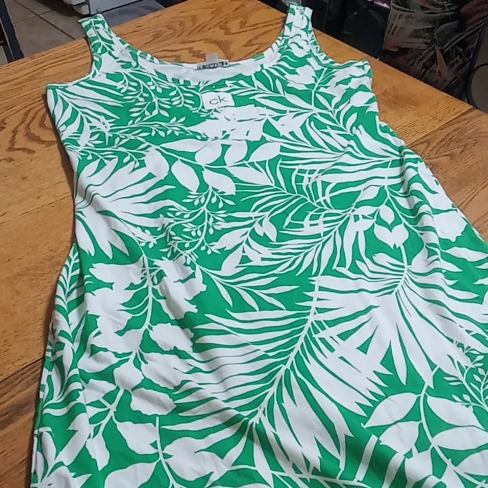 CALVIN KLEIN Womens Dress Maxi LARGE WHITE GREEN Resort Vacation Casual Preowned - Picture 2 of 11